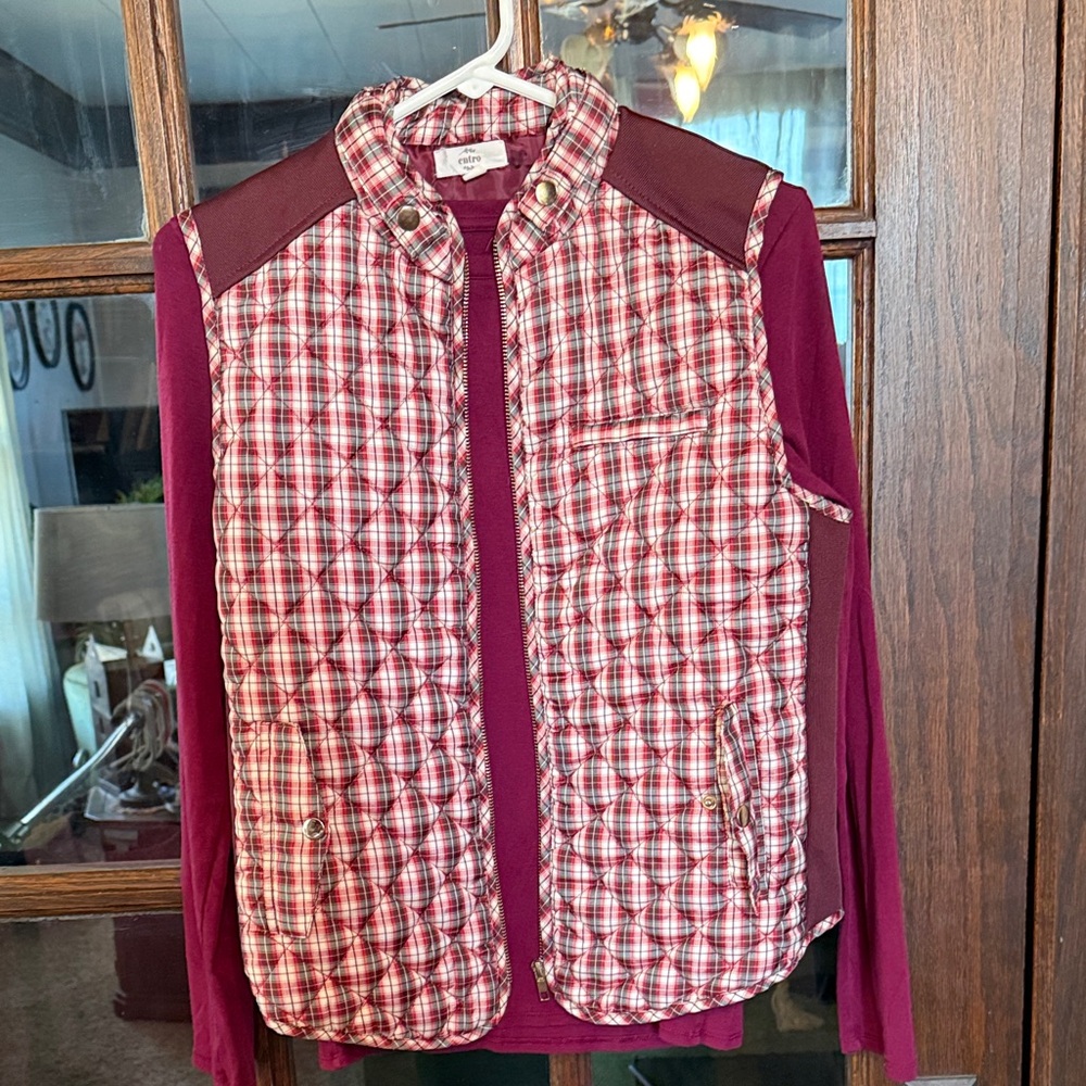 Entro Womens‎ Red Plaid Quilted Vest Burgundy Contrast Zip Up Mock Neck Small
